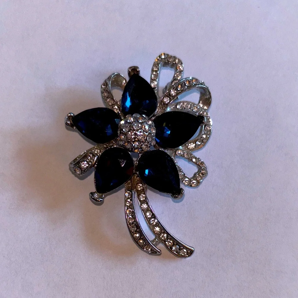 Elegant Floral Brooch Deep Blue & AB Stones